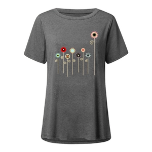 Close-up of heather grey short sleeve t-shirt with colorful abstract floral print pattern