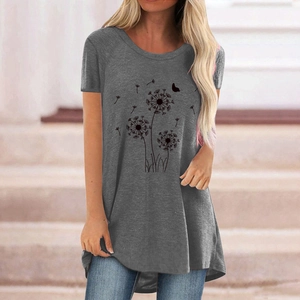 Women's dark grey dandelion butterfly print short sleeve T-shirt with irregular hemline