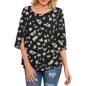Detail of elegant split cape sleeves and floral print on women's casual round neck blouse