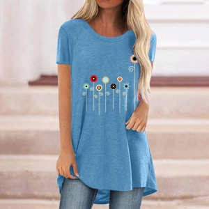 Women's light blue short sleeve floral print casual tunic t-shirt with curved hemline