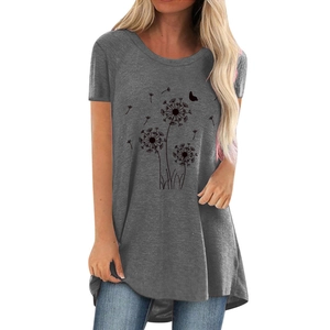 Detailed close-up of charcoal grey t-shirt with black dandelion print and soft fabric
