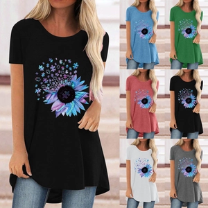 Women Casual Sunflower Puzzle Print T-Shirt Round Neck Short Sleeve Mid-Length Loose Cotton Blend Top Summer Fashion Tunic