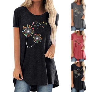 Women Elegant Dandelion Cocktail Print T-Shirt Casual Plus Size Crew Neck Short Sleeve High-Low Hem Streetwear Top