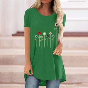 Women's summer green floral print T-shirt with short sleeves and irregular hemline