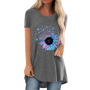 Women's crew neck short sleeve grey tunic top featuring creative sunflower puzzle print