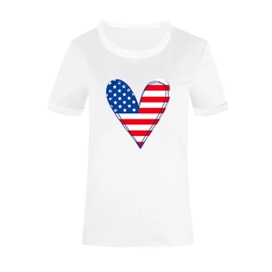 Close-up of heart-shaped American flag print on a white crew neck short sleeve T-shirt