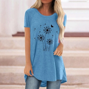 Sky blue dandelion butterfly print casual round neck short sleeve t-shirt for women