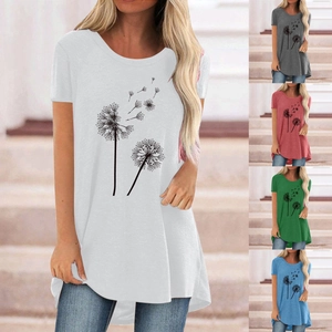 T-Shirt Décontracté pour Femmes en Mélange de Coton Col Rond Manches Courtes Imprimé Pissenlit Coupe Ample Top Long pour Quotidien Été Streetwear