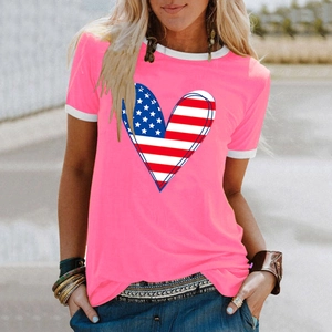Pink Independence Day heart print T-shirt with contrast trim for women in summer