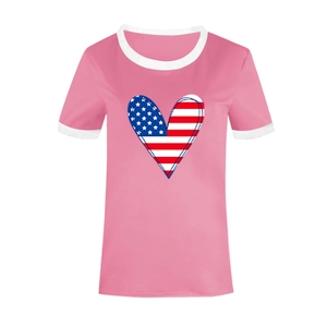 Detail of pink cotton t-shirt with heart-shaped American flag print and contrast trim