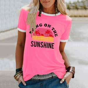 Pink Sunshine coconut tree print short sleeve T-shirt with white rib knit trim
