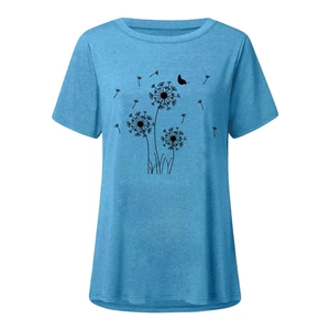 Detailed view of light blue t-shirt fabric with dandelion and butterfly print