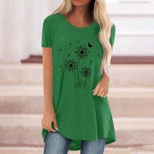 Detail of dark green round neck T-shirt with dandelion and butterfly print on casual tunic