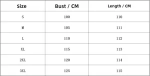 Size chart for summer dress with bust and length measurements in cm for S to 3XL