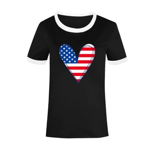 Close-up of black ringer t-shirt with American flag heart print and white ribbed collar