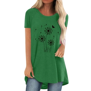 Detail of dandelion and butterfly print on grass green short sleeve crew neck tunic tee