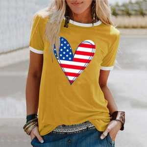 Detail of contrast white trim on collar and USA flag heart print on yellow summer tee