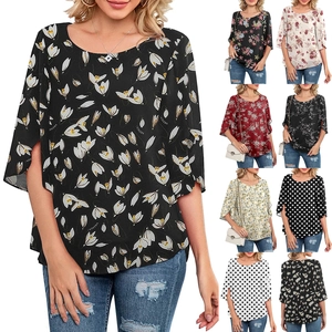 Women Casual Loose Round Neck Blouse 3/4 Split Sleeve Elegant Floral Polka Dot Print Top Lightweight Polyester Summer Shirt