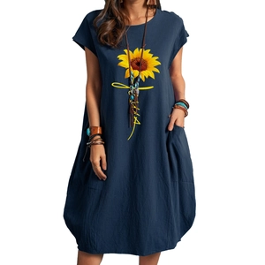 Navy blue oversized cotton linen dress with sunflower print and side pockets