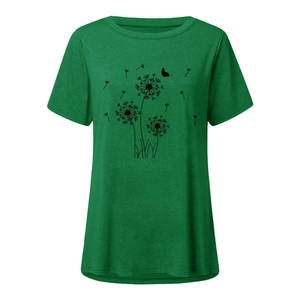 Detailed view of dandelion butterfly print on green heather fabric t-shirt