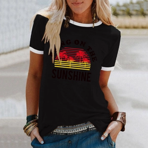 Detailed view of Sunshine palm tree print on black contrast ringer t-shirt for women