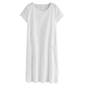 Elegant white short sleeve cotton dress with side pockets and round neck for summer wear