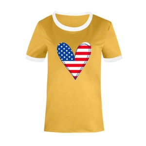Detail of crew neck and heart-shaped American flag print on yellow t-shirt