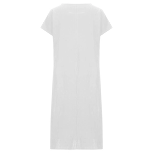 Detailed back view of white cotton linen maxi dress with vertical seam and short sleeves