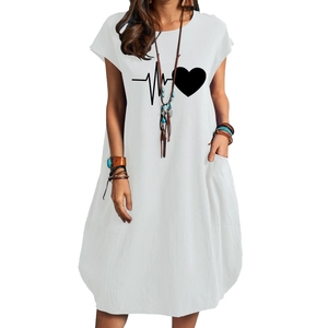 Summer cotton linen maxi dress with heart heartbeat print and side pockets for women