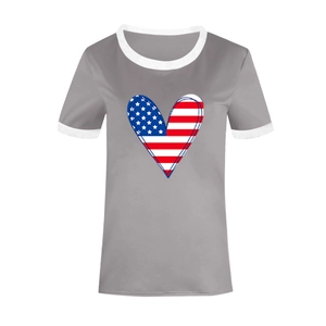 Close-up of heart shape American flag pattern on a dark grey round neck t-shirt