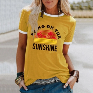 Women's yellow Sunshine palm tree print t-shirt with white contrast crew neck trim