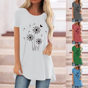 Women Casual Dandelion Butterfly Print T-Shirt Plus Size Short Sleeve Round Neck Longline Tunic Loose Fit Fashion Summer Top