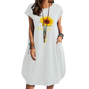 Summer cotton linen loose white sunflower print dress with side pockets for women