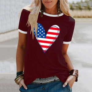 Detail of burgundy T-shirt showing crew neck and heart-shaped American flag print