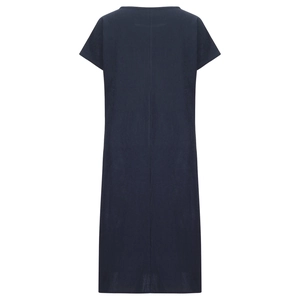 Detail view of navy blue short sleeve maxi dress with back seam and cotton-linen texture