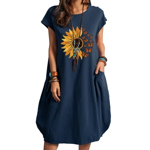 Robe d'été pour femmes en coton lin bleu marine avec imprimé tournesol et papillon