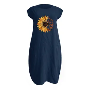Robe sans manches en coton et lin bleu marine avec imprimé tournesol et papillon