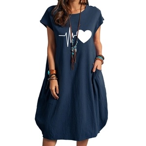 Women's dark blue linen dress with white heart and heartbeat print and side pockets