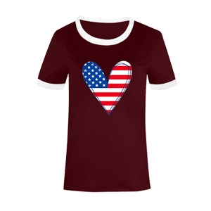 Detail of burgundy Ringer T-shirt featuring a heart-shaped American flag print