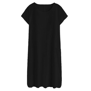Detail of black cotton-linen dress featuring side pockets and a classic round neck design