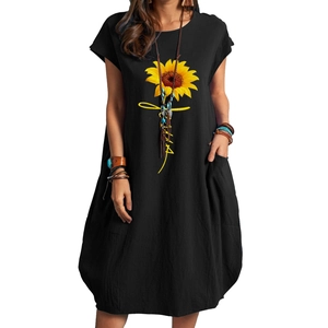 Women's black cotton linen loose sunflower print midi dress with functional side pockets