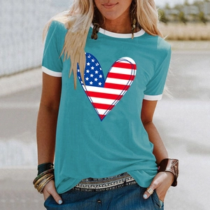 Women's lake blue T-shirt with heart-shaped US flag print and white ringer collar