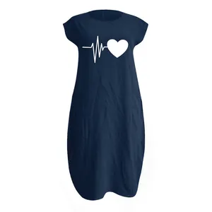 Navy blue cotton linen maxi dress with white heartbeat print and side pockets