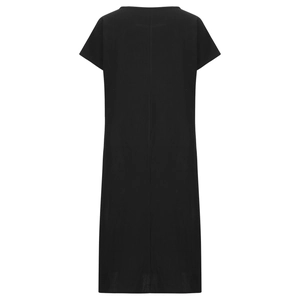 Rear view of elegant black short sleeve maxi dress with breathable natural texture