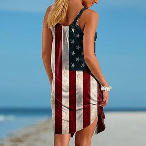 Outdoor back view of a sleeveless American flag print summer mini dress on beach
