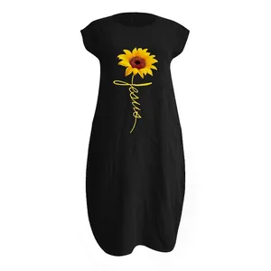 Short sleeve black cotton linen sunflower print dress with Jesus text in loose fit