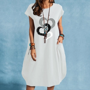 Robe midi élégante en coton et lin blanc avec motif cœur et poches pour femme
