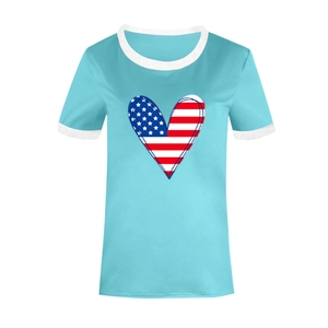 Detail of teal ringer t-shirt with ribbed edges and American flag heart print