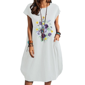 Summer cotton linen white floral print loose midi dress with pockets for women
