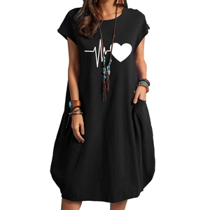 Summer cotton linen black maxi dress with heart rate print and functional pockets